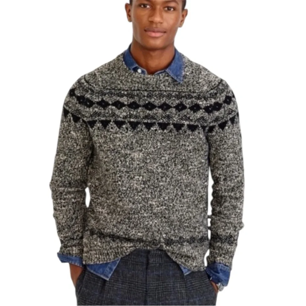 J. CREW Fair Isle Crewneck Wool Blend Knit Sweater Black&Cream/Heather Gray XS